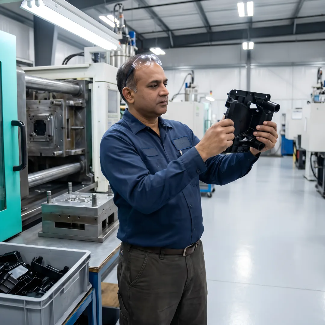 Engineer inspecting molded plastic components