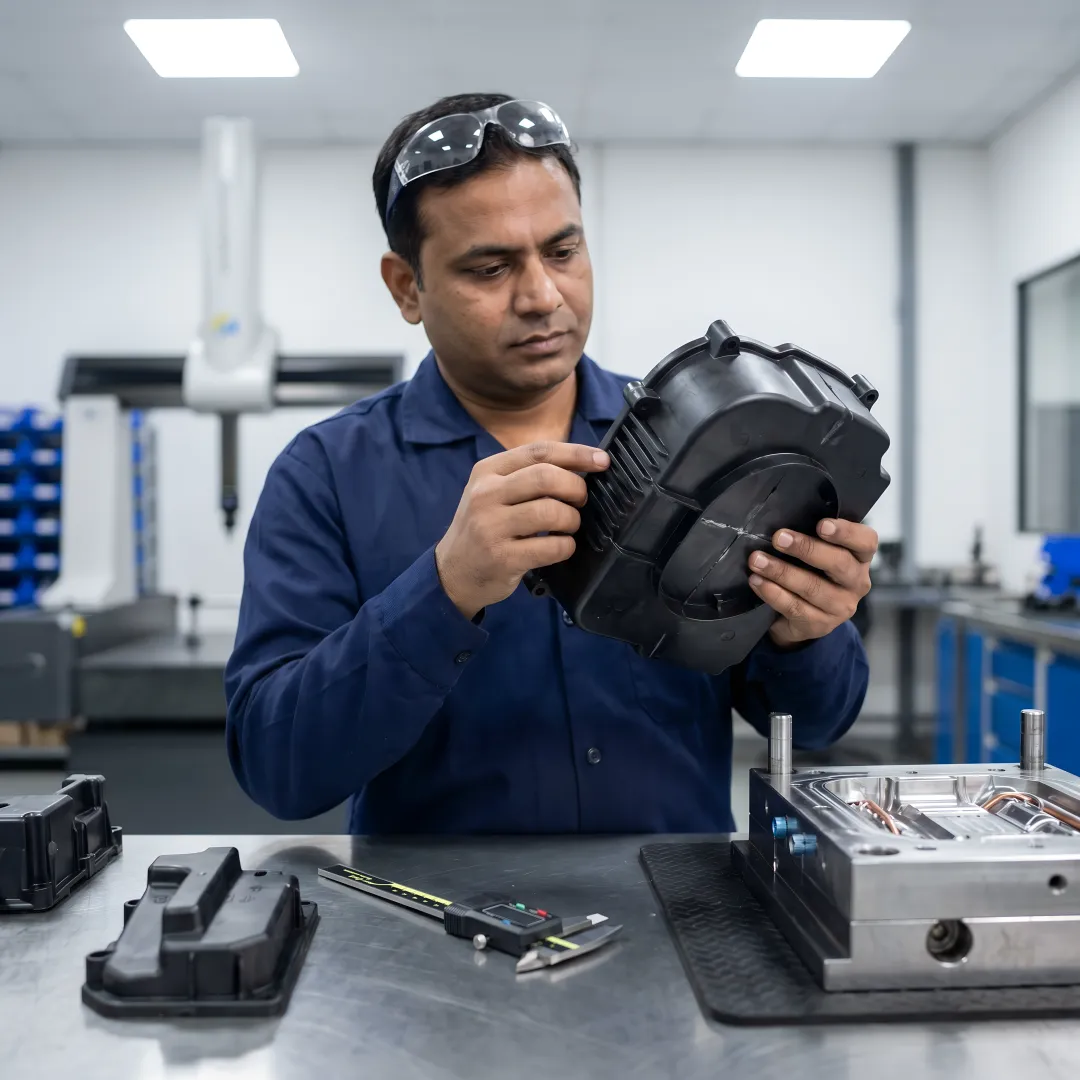Engineer inspecting EV plastic component tooling