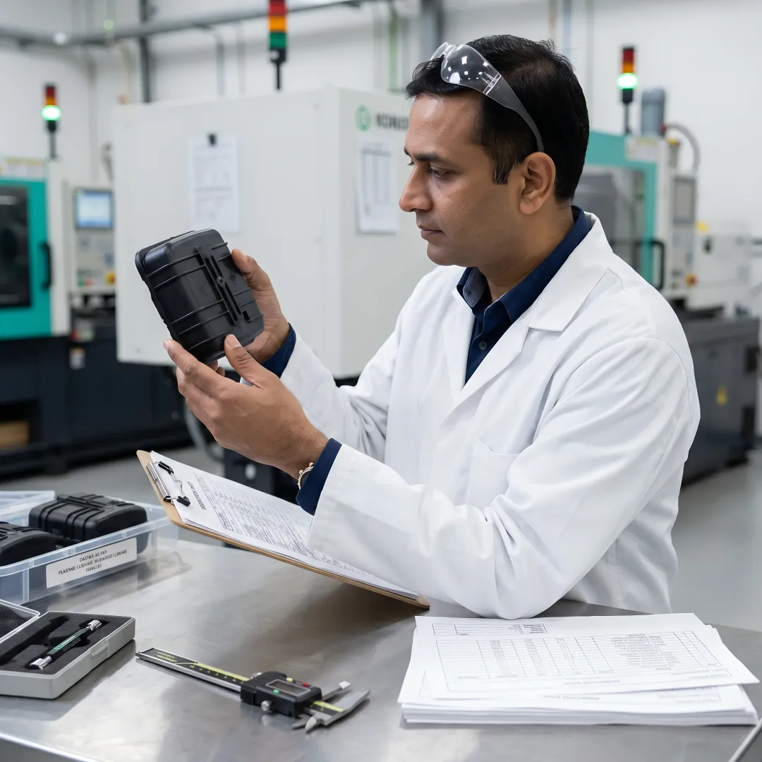 Engineer inspecting heat-resistant plastic parts
