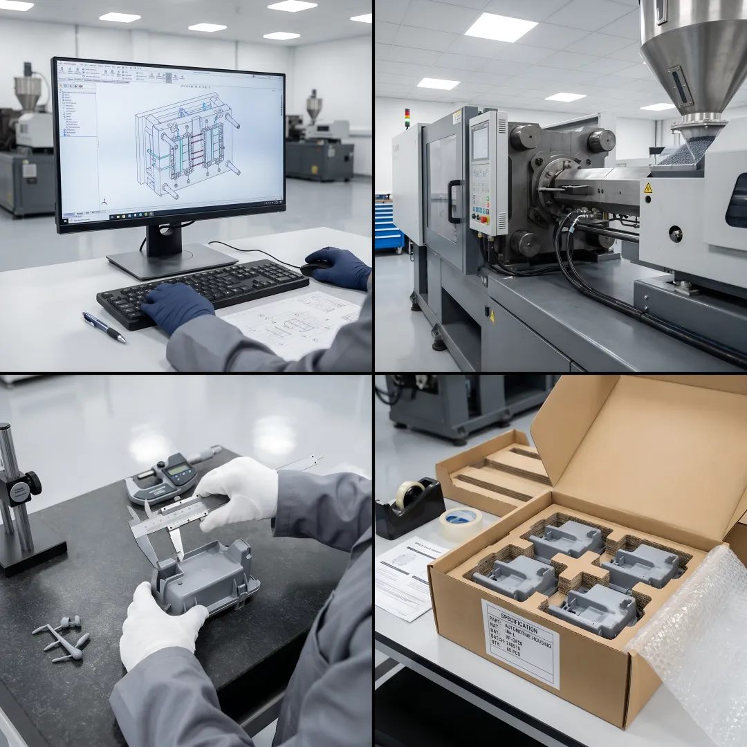 Step-by-step plastic injection moulding manufacturing process from design to delivery