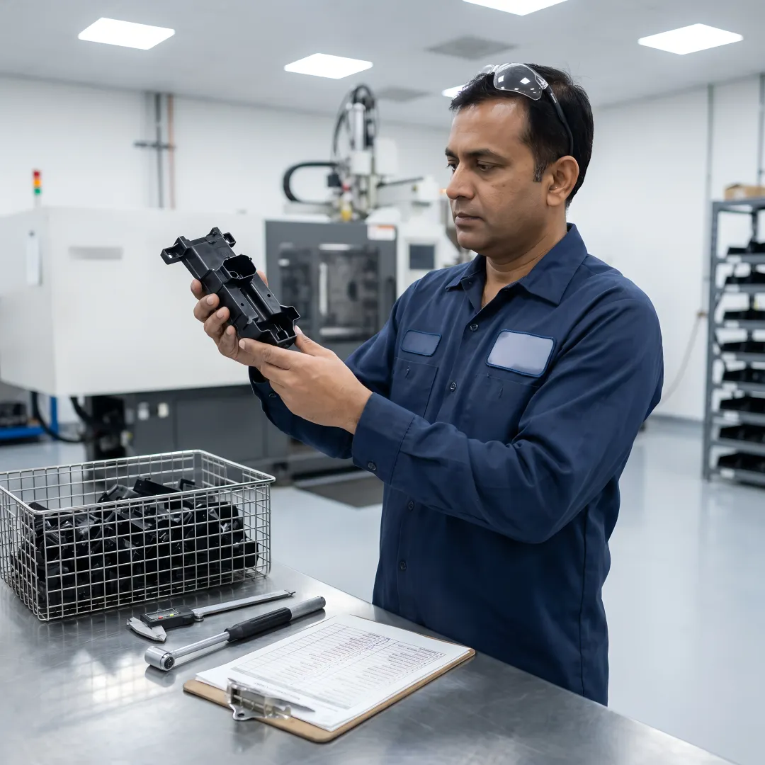 Engineer inspecting custom plastic components