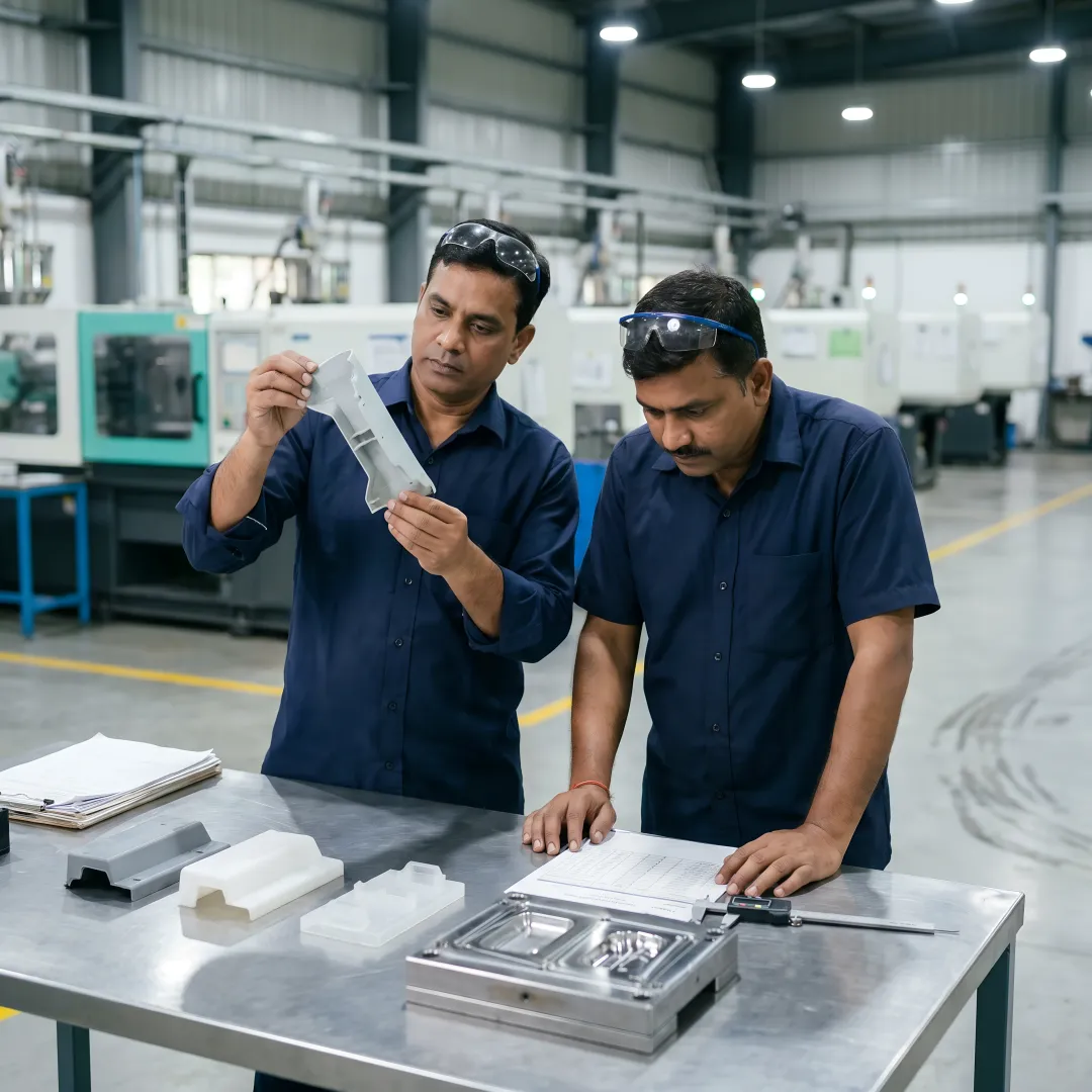 Engineers reviewing sustainable plastic part tooling