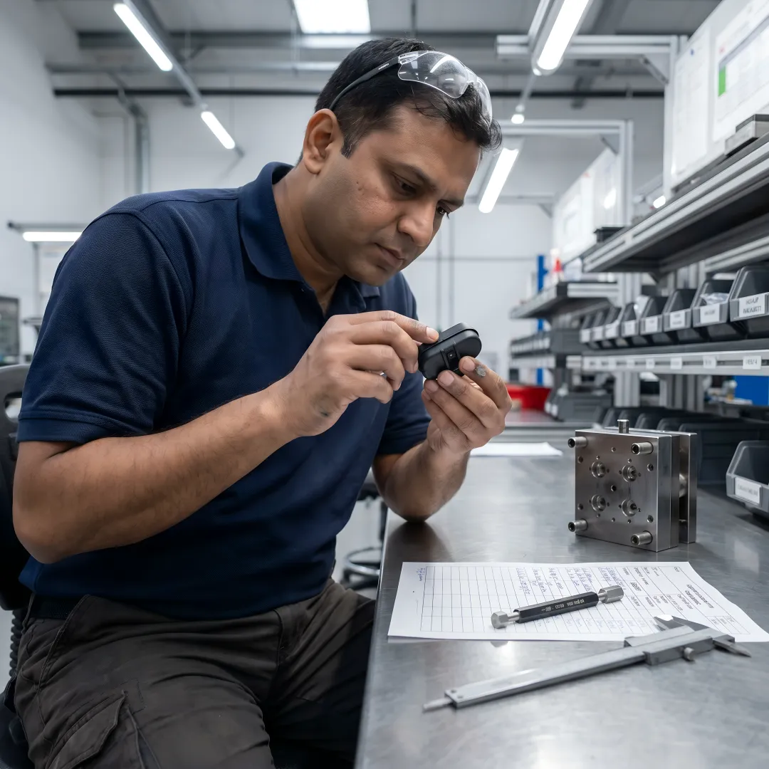 Engineer inspecting plastic sensor housings during manufacturing