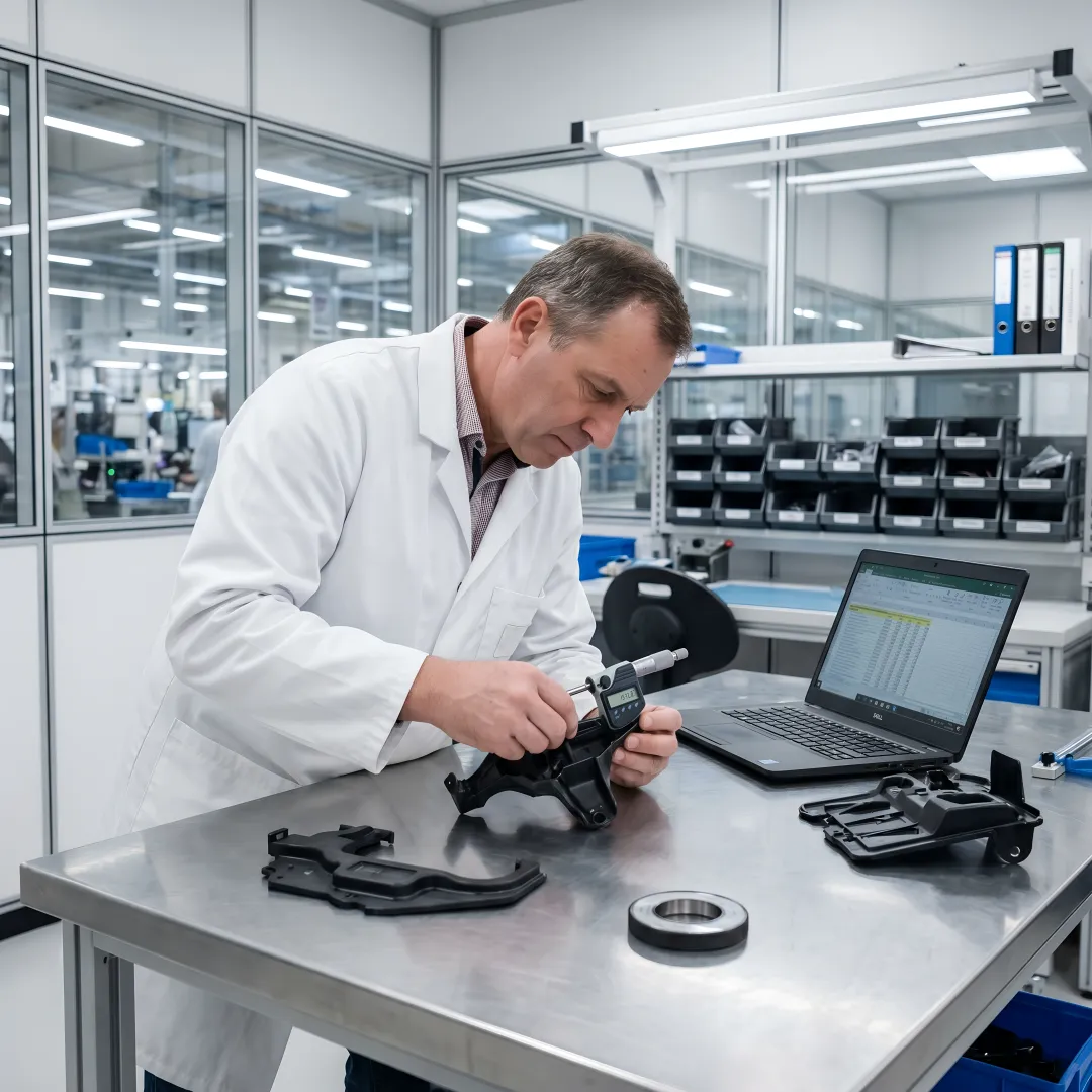 Engineer examining precision plastic components with digital calipers in quality control laboratory