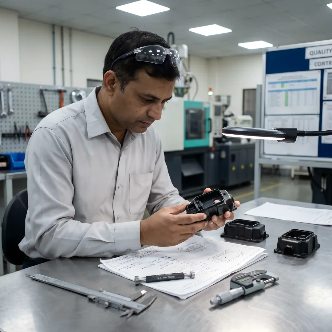 Engineer reviewing OEM plastic components and tooling