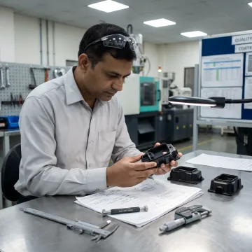 Engineer reviewing OEM plastic components and tooling