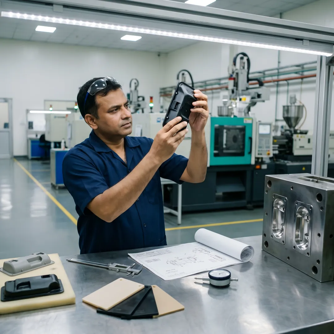 Engineer inspecting moulded plastic parts