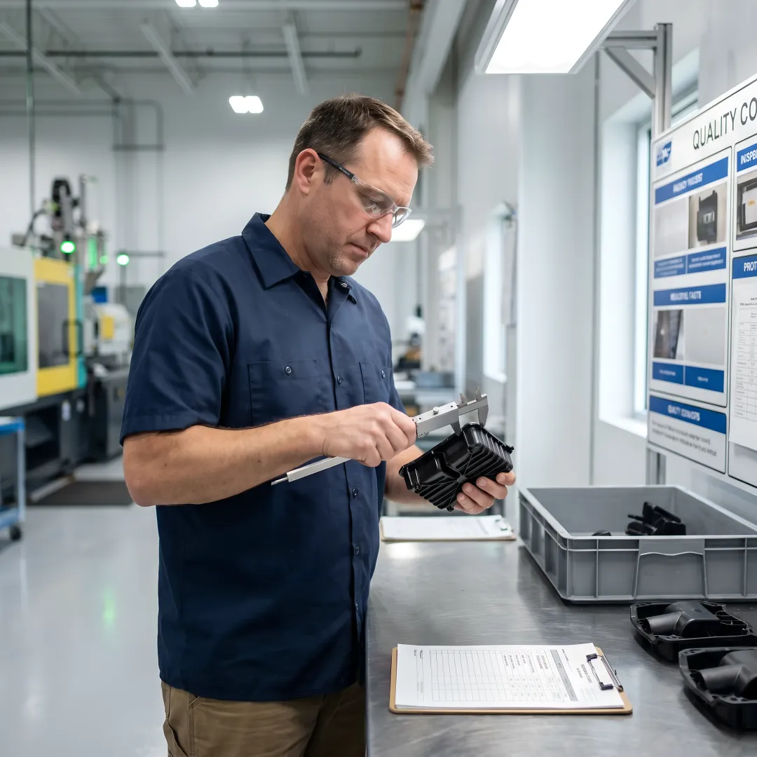 Engineer examining precision injection molded components with digital measurement tools