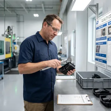 Engineer examining precision injection molded components with digital measurement tools