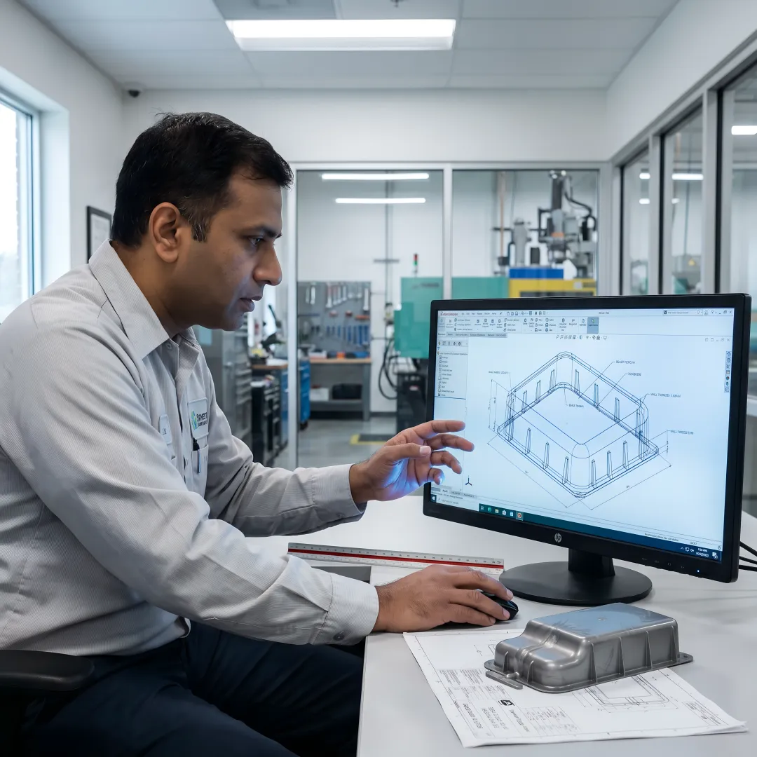 Engineer reviewing CAD design for thermoformed plastic component