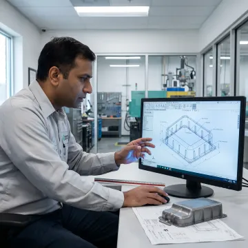 Engineer reviewing CAD design for thermoformed plastic component