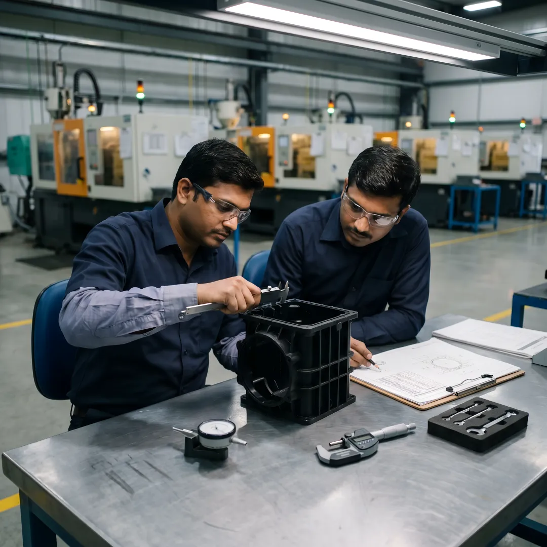 Engineers inspecting molded construction equipment components