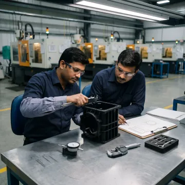 Engineers inspecting molded construction equipment components