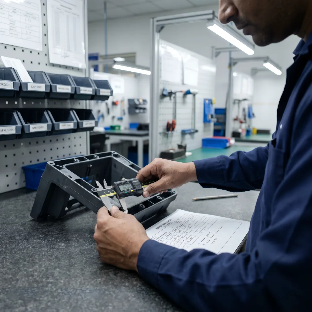 Engineer inspecting precision plastic component with digital measurement tools