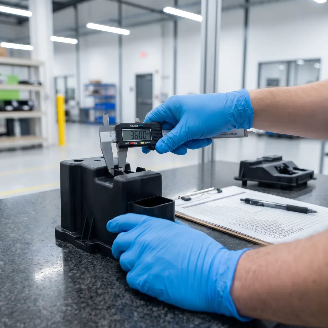 Engineer inspecting precision plastic components with calipers in quality control lab