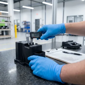 Engineer inspecting precision plastic components with calipers in quality control lab
