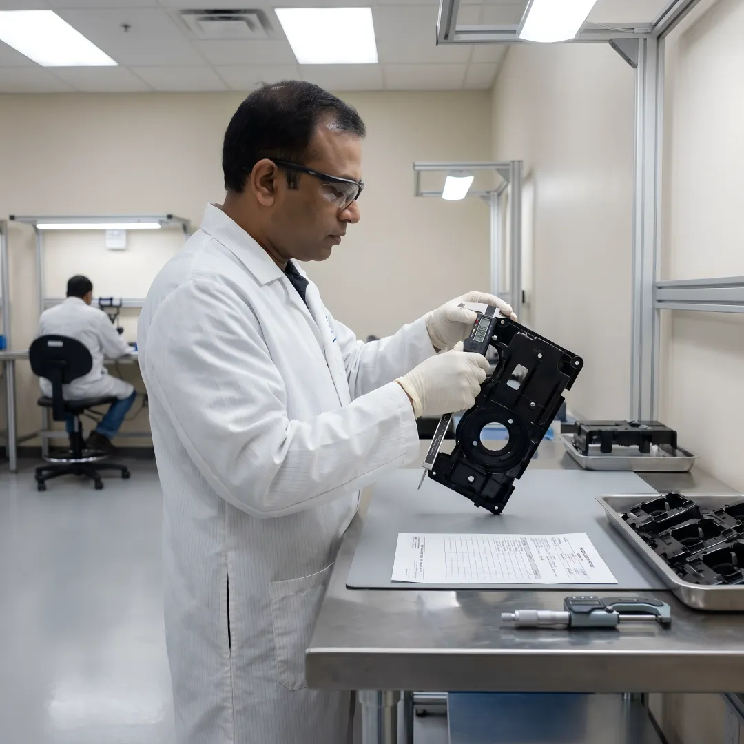 Engineers inspecting precision plastic components with measurement tools