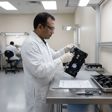 Engineers inspecting precision plastic components with measurement tools