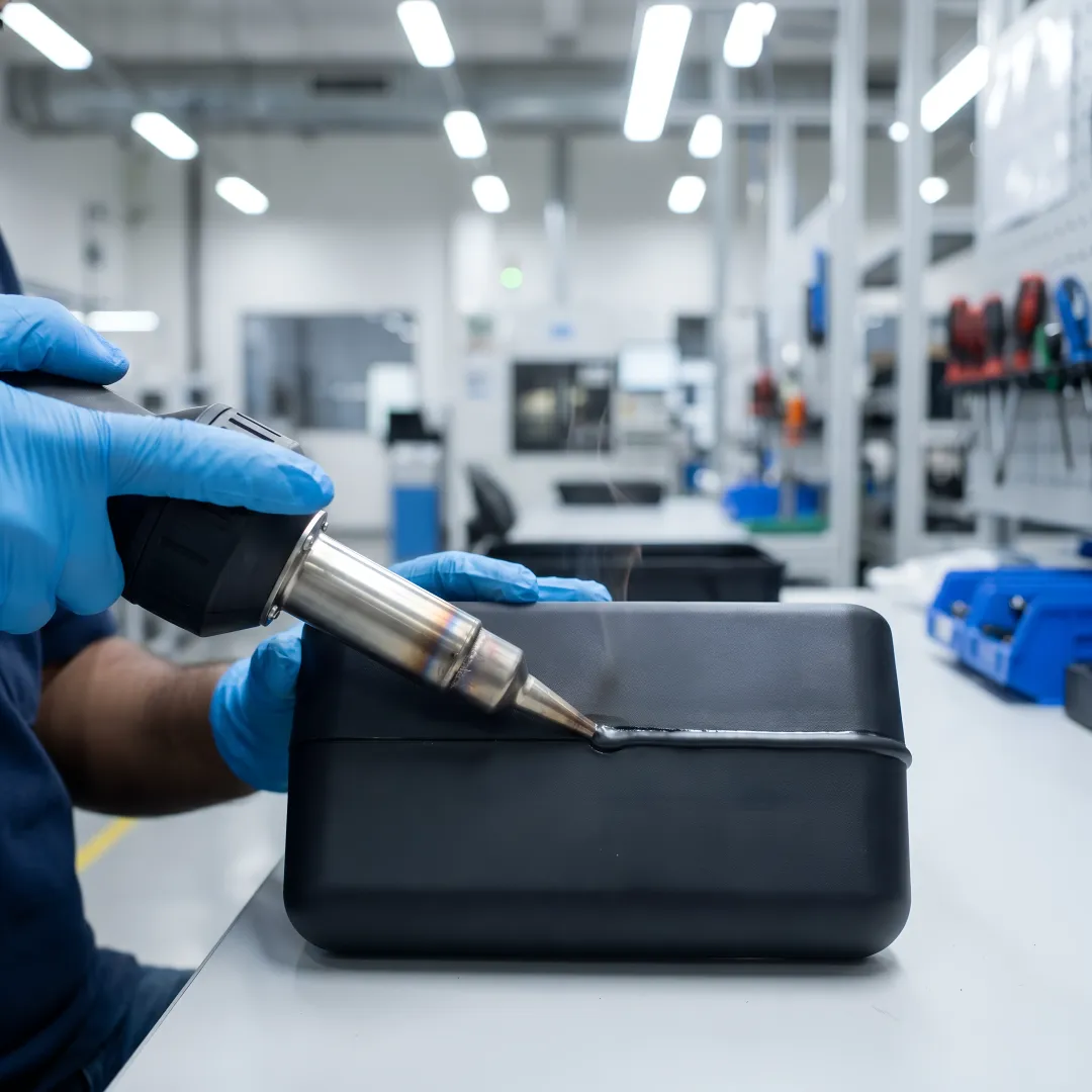 Precision plastic welding process showing high-quality polymer joint assembly
