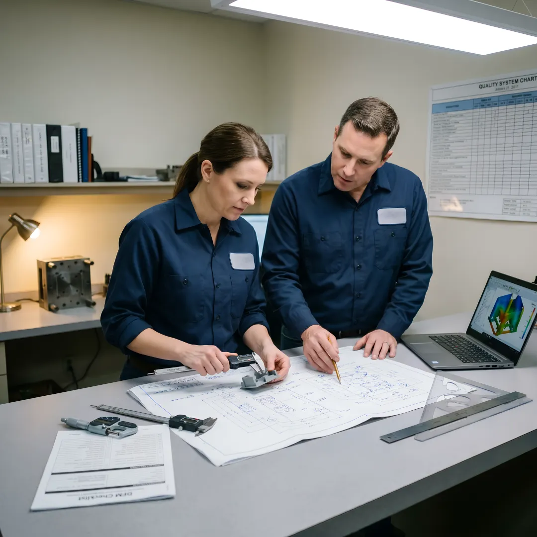Engineers reviewing injection molding design blueprints with precision measurement tools and prototype components