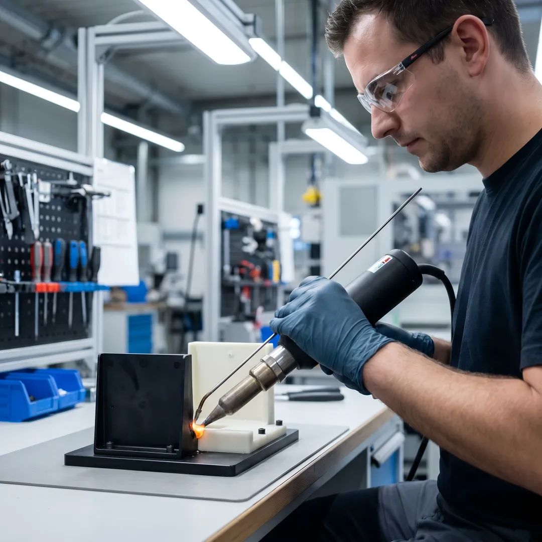 Close-up view of precision plastic welding process showing clean, strong joint formation