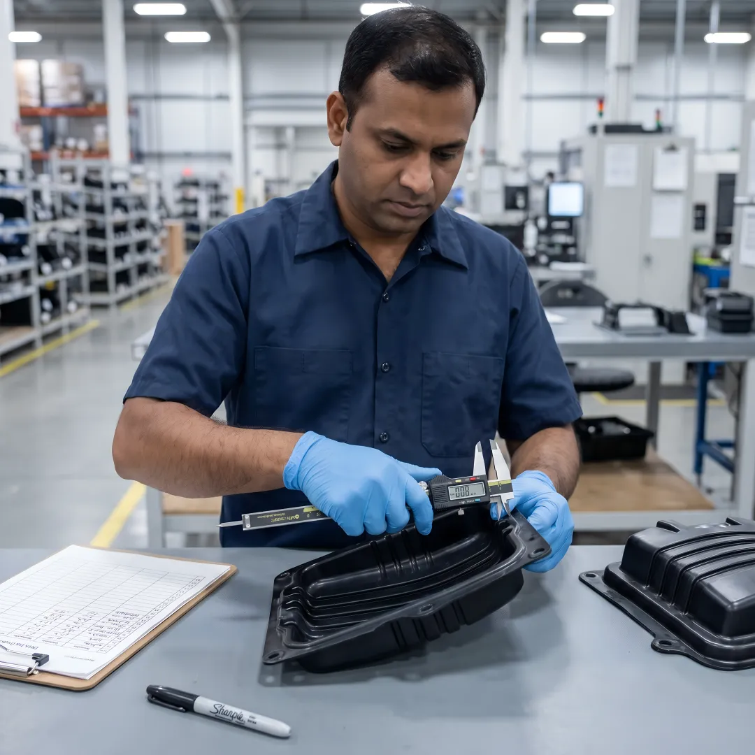 Technician inspecting precision thermoformed plastic components on quality control equipment