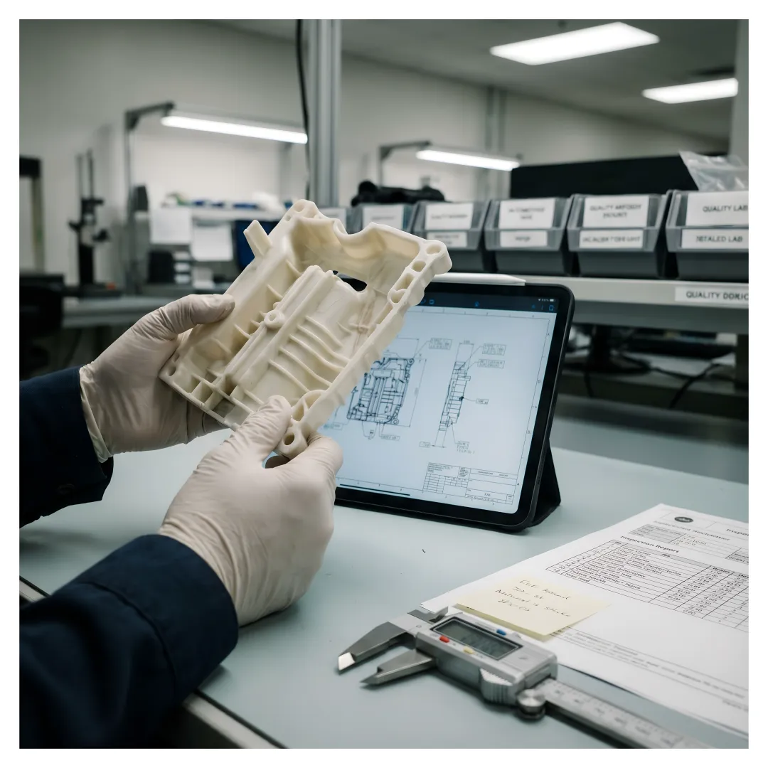 Engineer reviewing injection molded prototype parts with CAD design on screen
