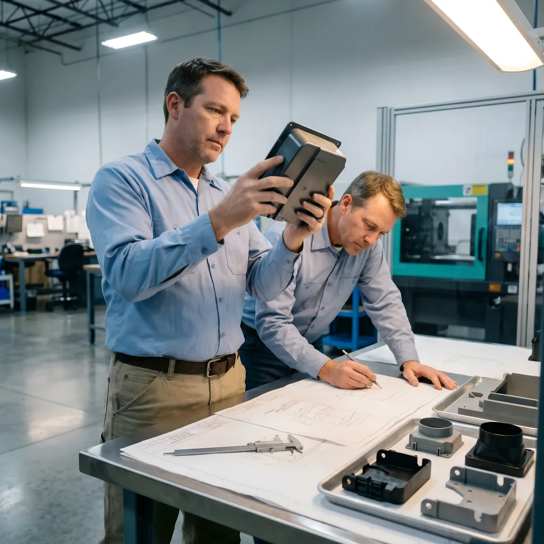 Engineers reviewing custom plastic part designs and technical specifications in modern facility