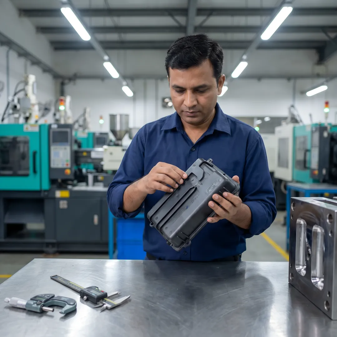 Engineer inspecting appliance plastic parts