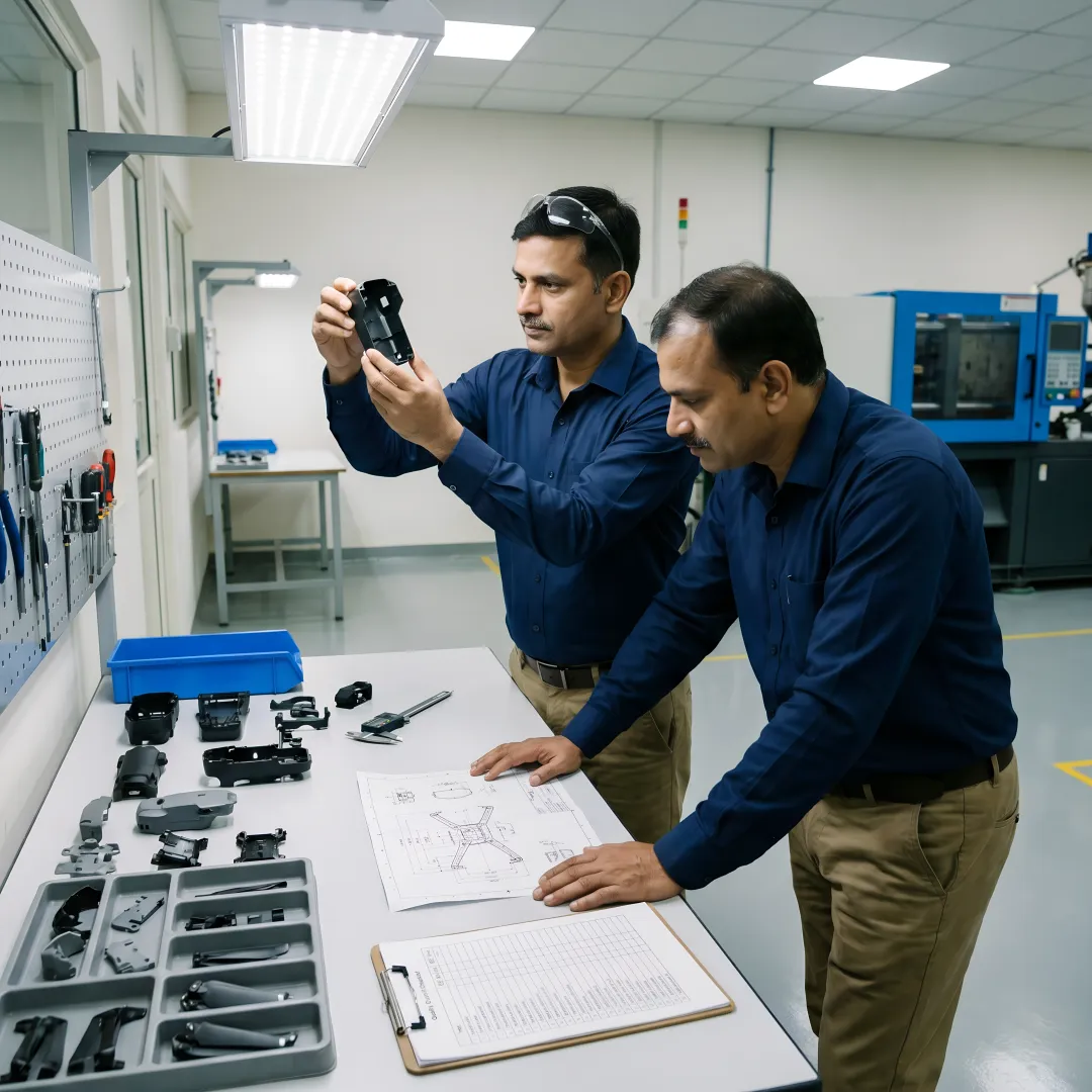 Engineering team reviewing UAV component prototypes and injection molding process documentation