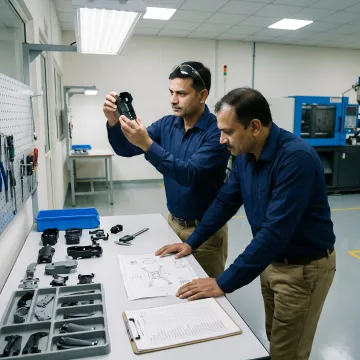 Engineering team reviewing UAV component prototypes and injection molding process documentation