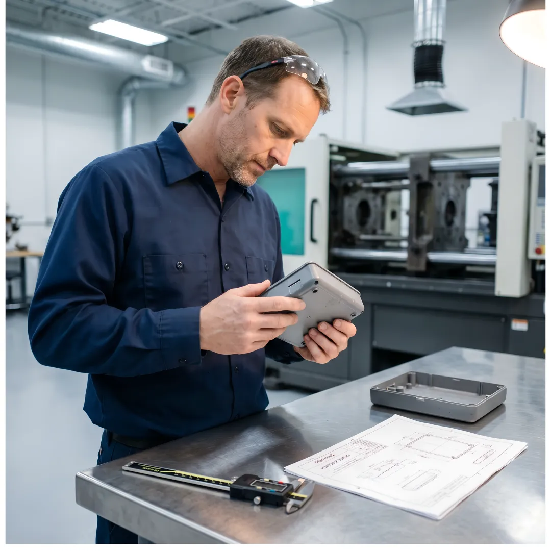 Engineer inspecting plastic electronics enclosure components
