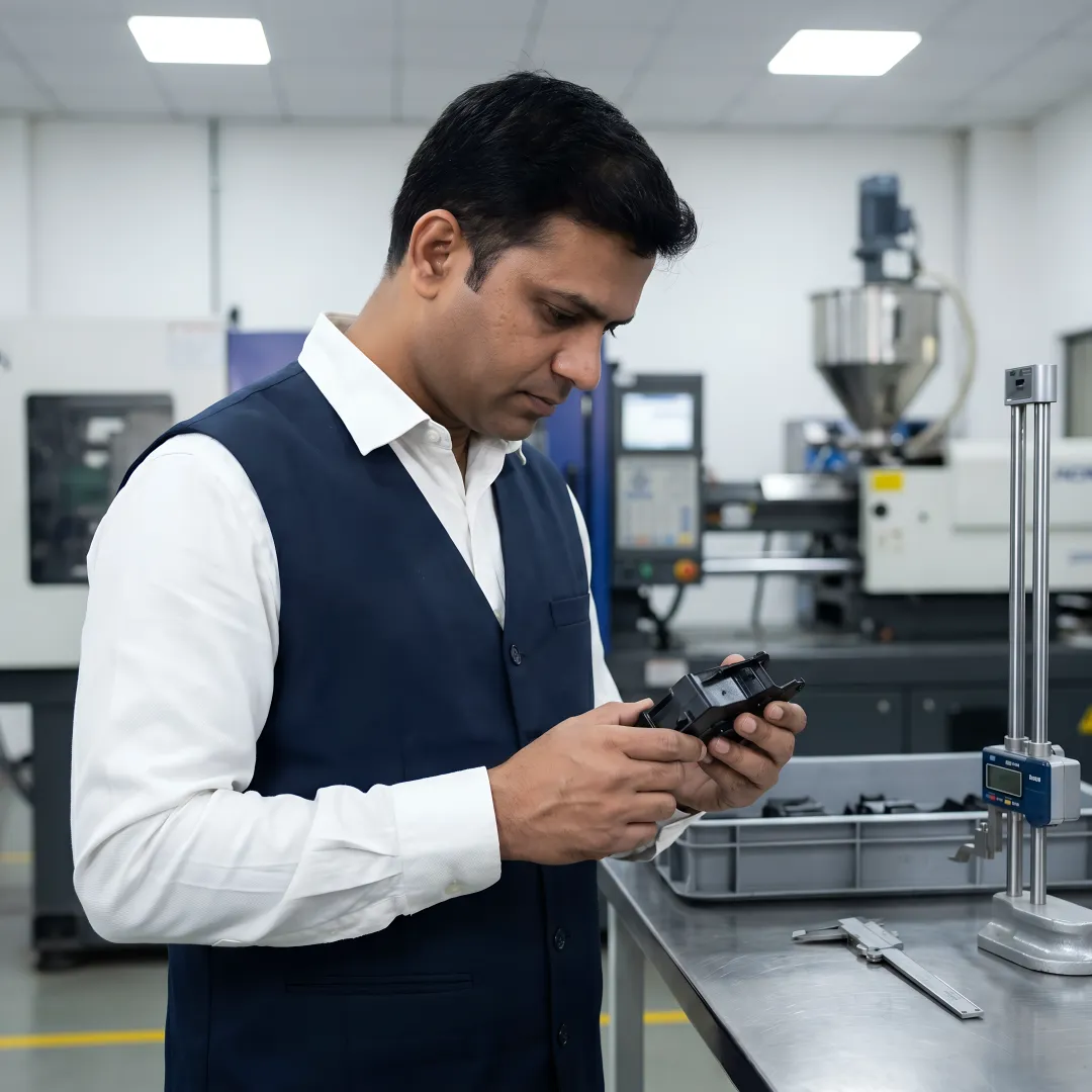 Engineer inspecting plastic moulded parts
