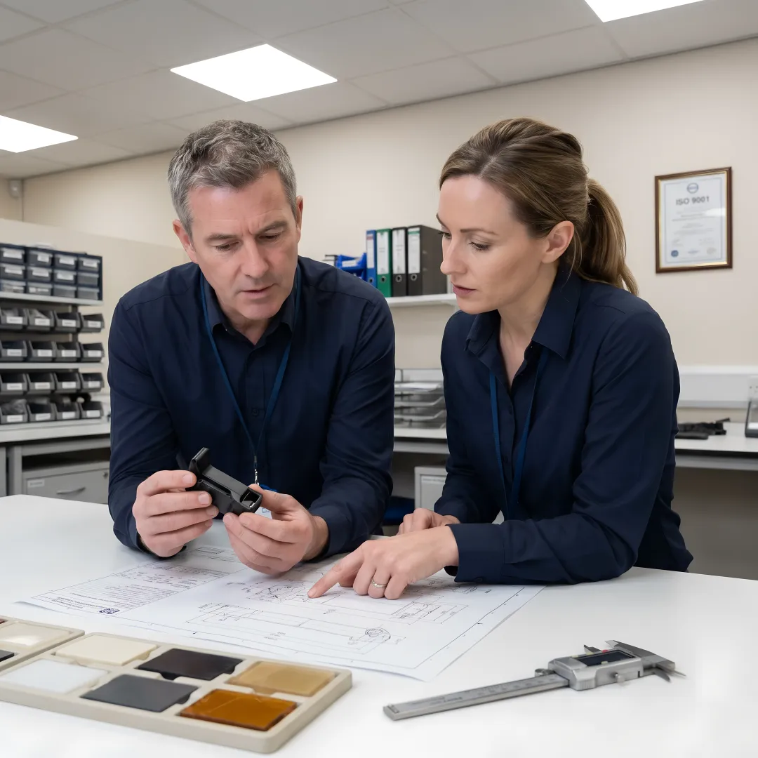 Engineers reviewing plastic component prototypes