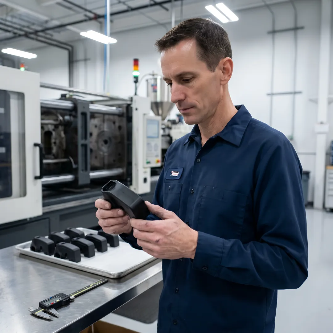 Engineer inspecting injection moulded plastic parts