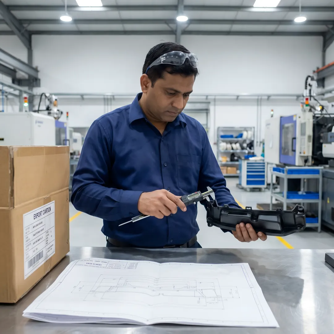 Engineer inspecting plastic parts before export