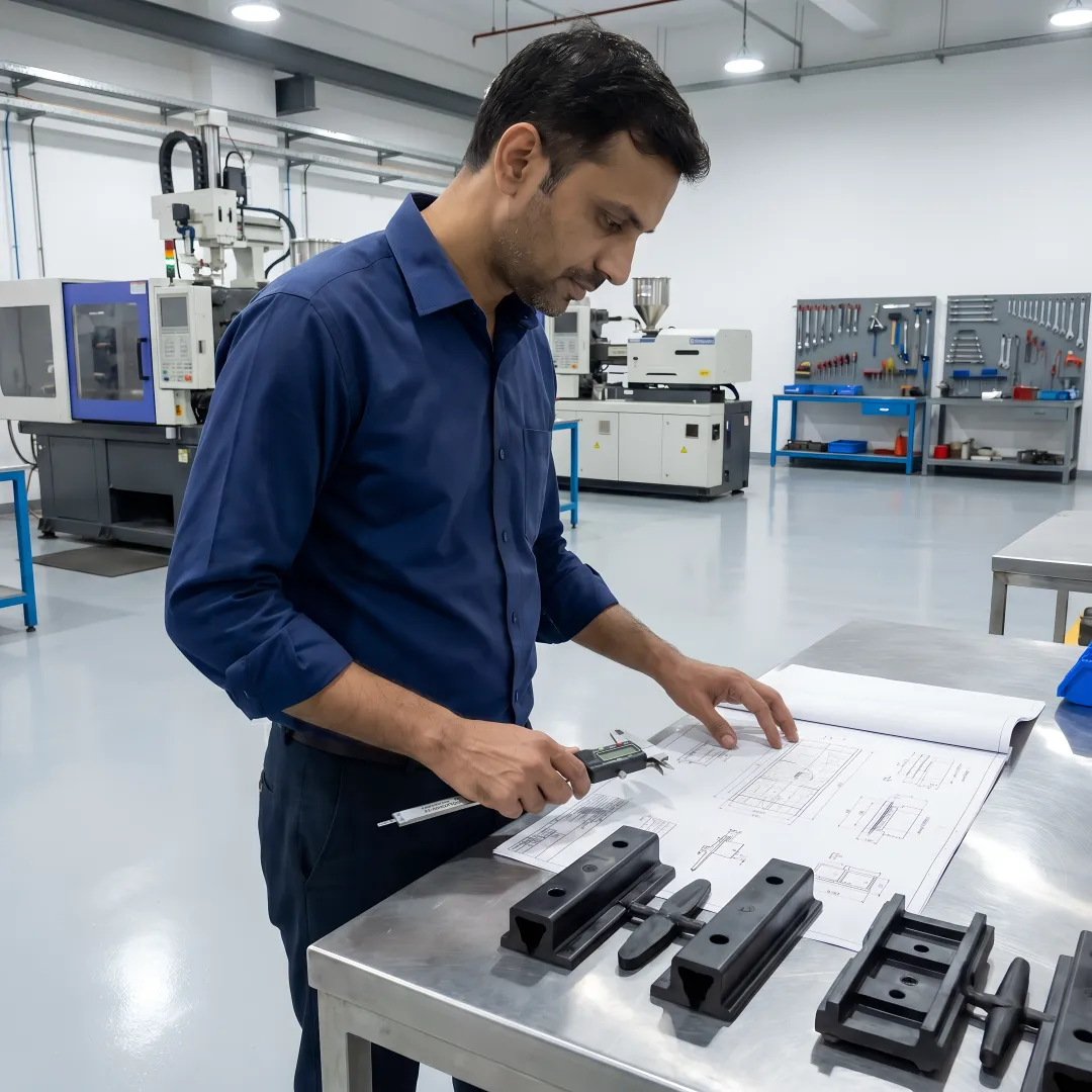 Engineer inspecting railway plastic parts during manufacturing