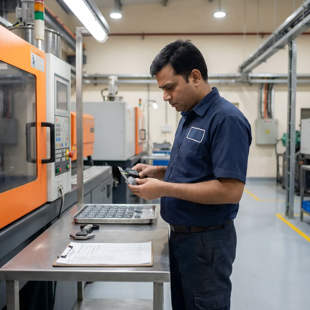 Technician inspecting moulded plastic parts