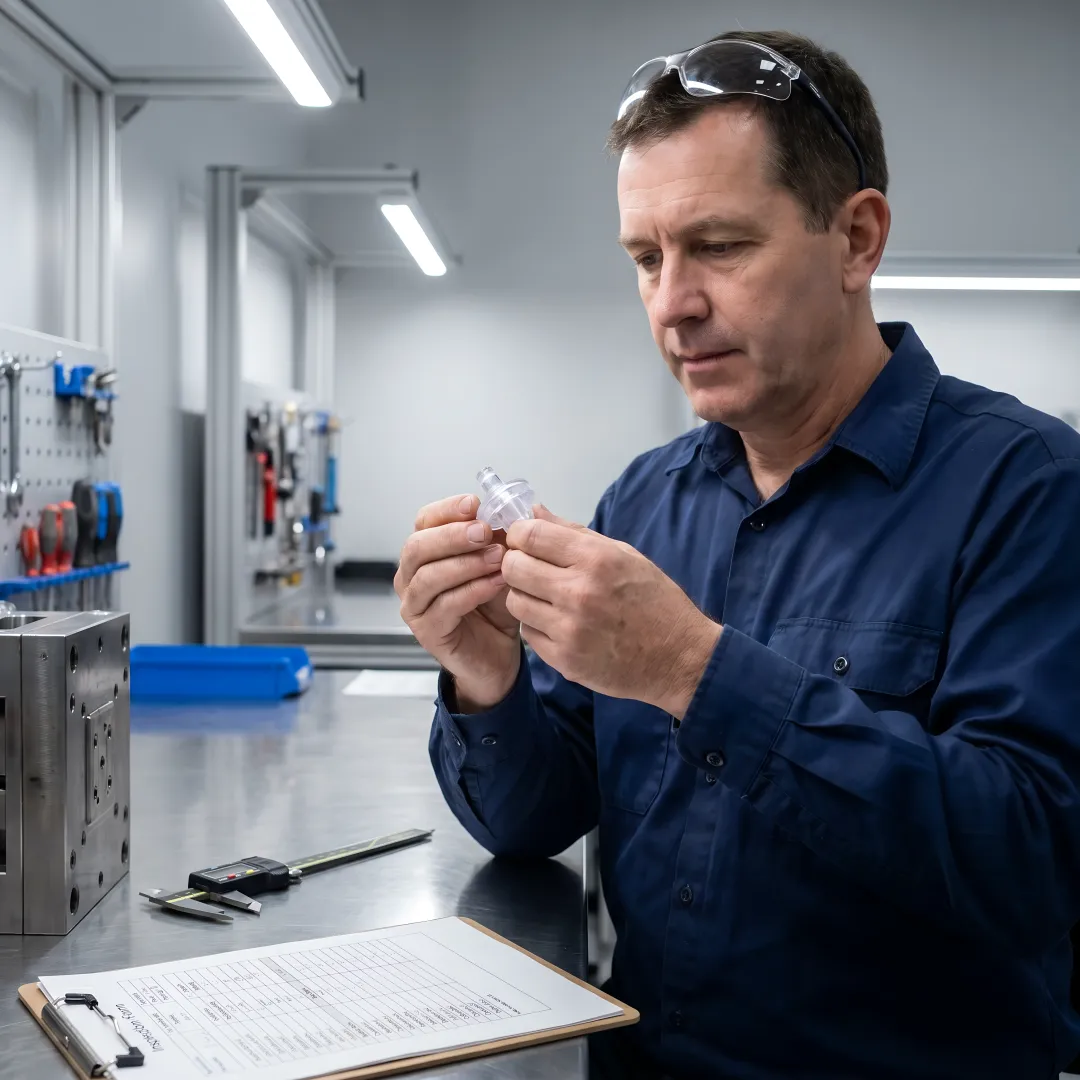 Engineer inspecting moulded medical plastic components