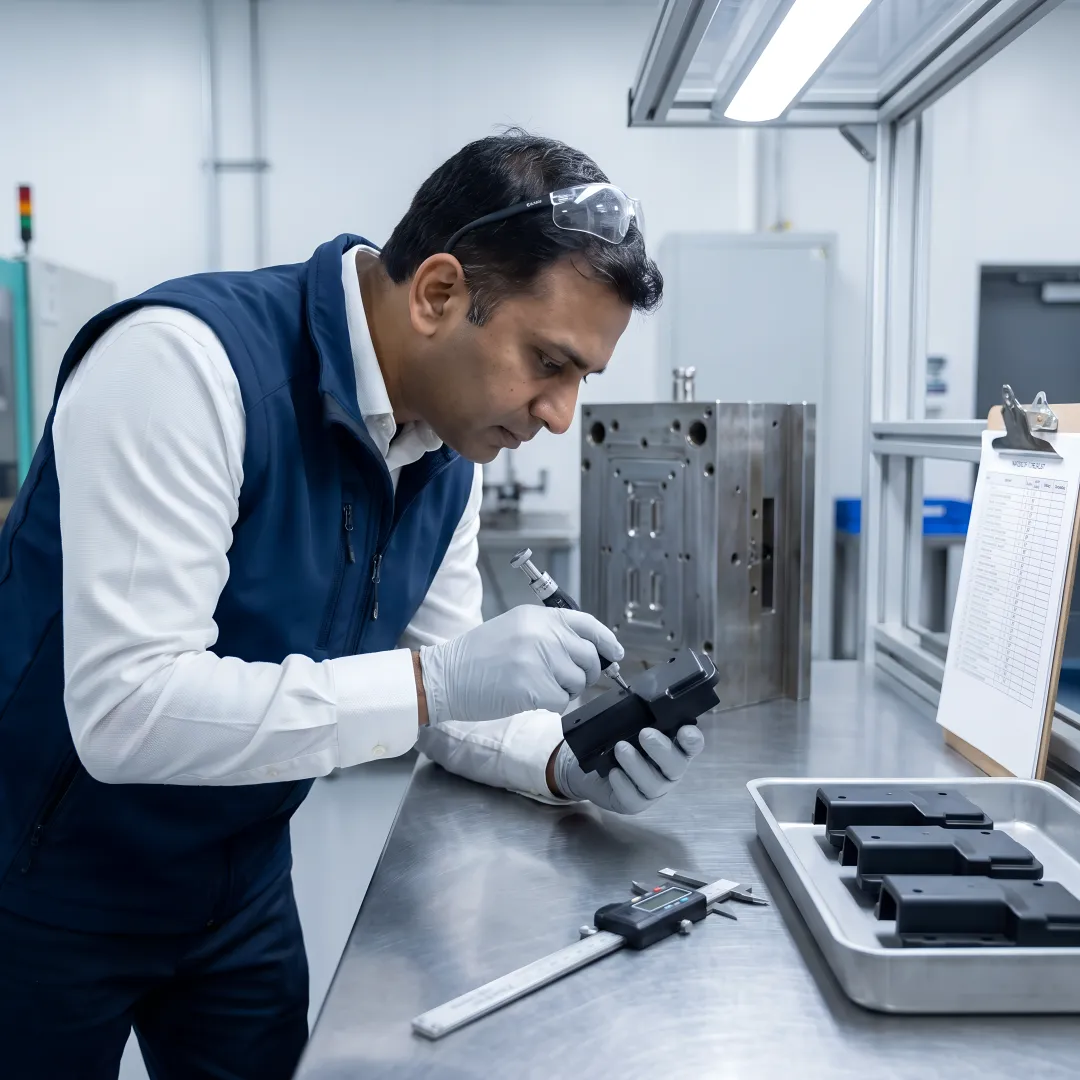 Engineer inspecting moulded defence plastic parts