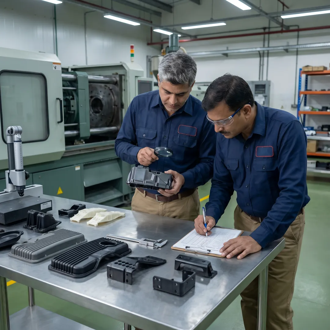 Engineers inspecting hybrid vehicle plastic components