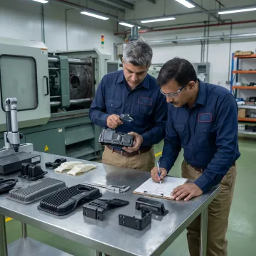 Engineers inspecting hybrid vehicle plastic components