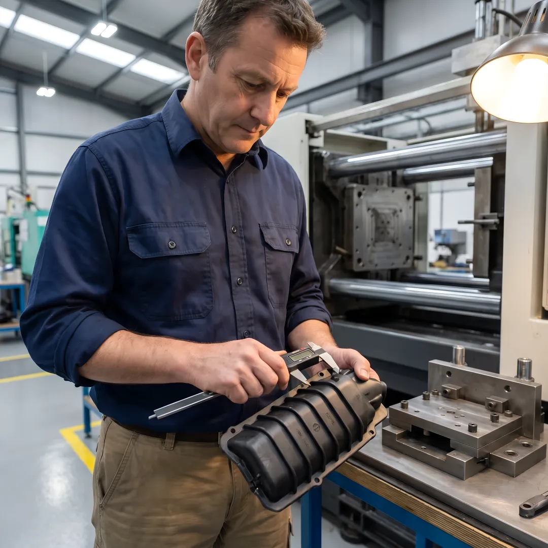 Engineer inspecting automotive plastic parts during manufacturing