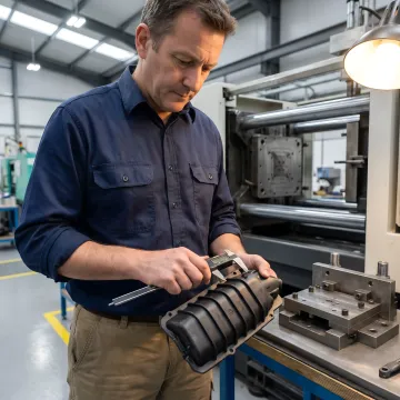 Engineer inspecting automotive plastic parts during manufacturing