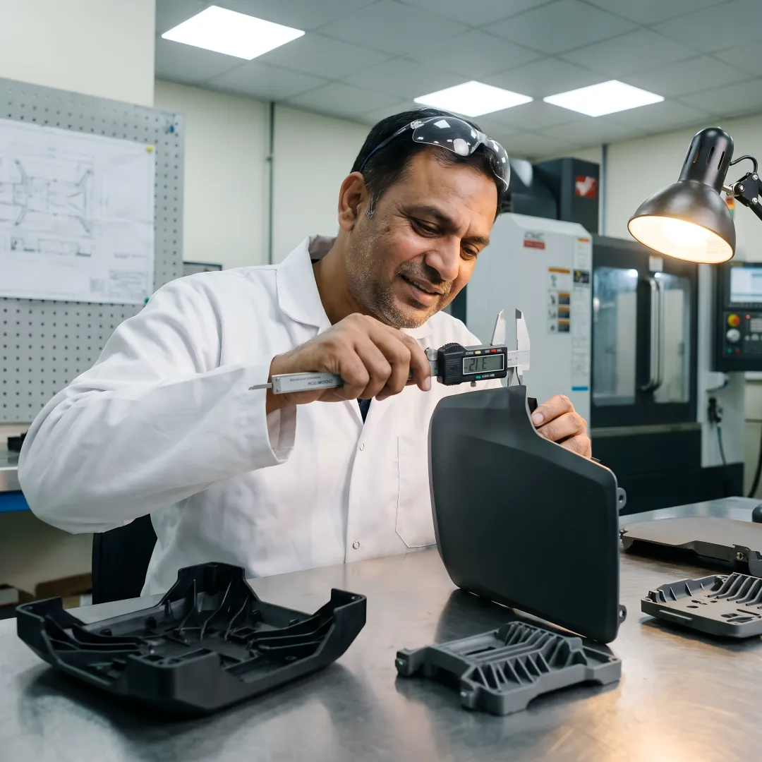 Engineer inspecting molded drone plastic components