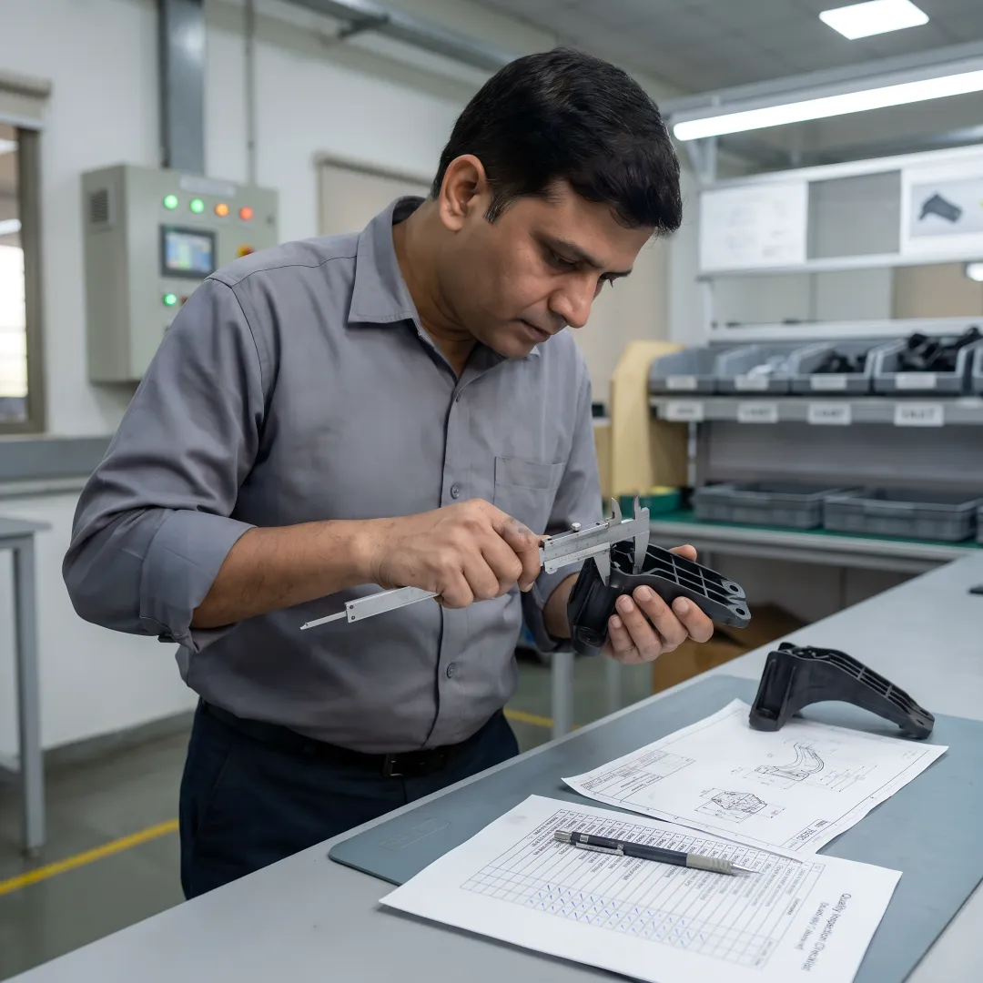 Engineer inspecting precision polymer suspension components
