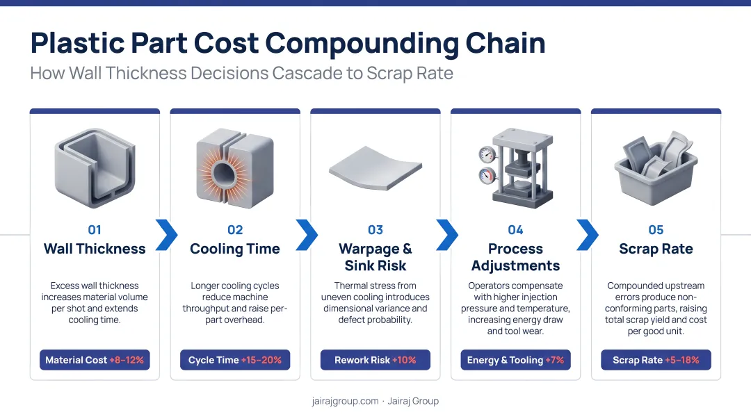 Plastic part cost compounding chain from wall thickness to scrap rate infographic