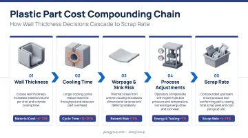 Plastic part cost compounding chain from wall thickness to scrap rate infographic