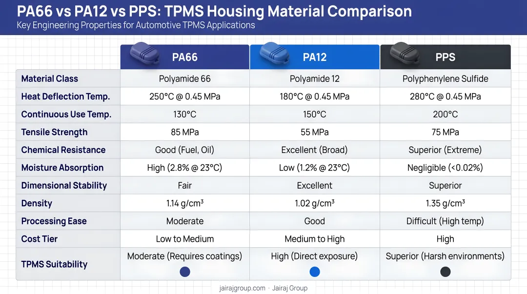 PA66 versus PA12 versus PPS TPMS housing material comparison properties chart