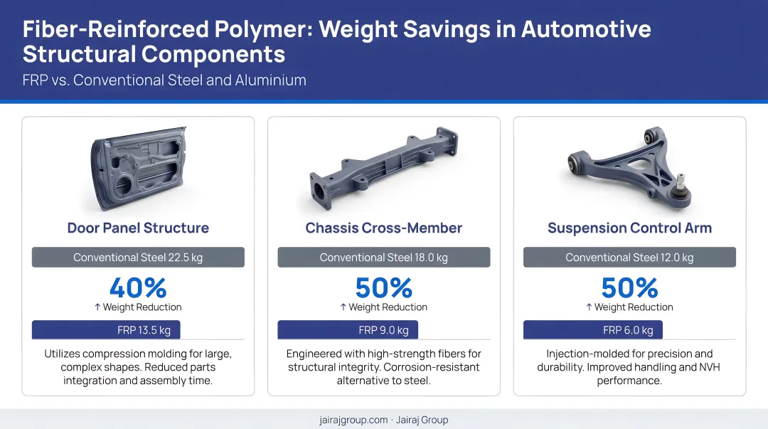 Fiber-reinforced polymer weight savings comparison across three automotive structural components